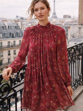 Sezane NWT Ally Dress in Mona Burgundy Floral High-Neck Long Sleeve Mini Dress
